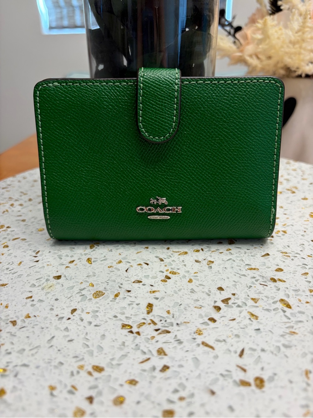 Coach Green Leather Small Tab Wallet with Silver Logo